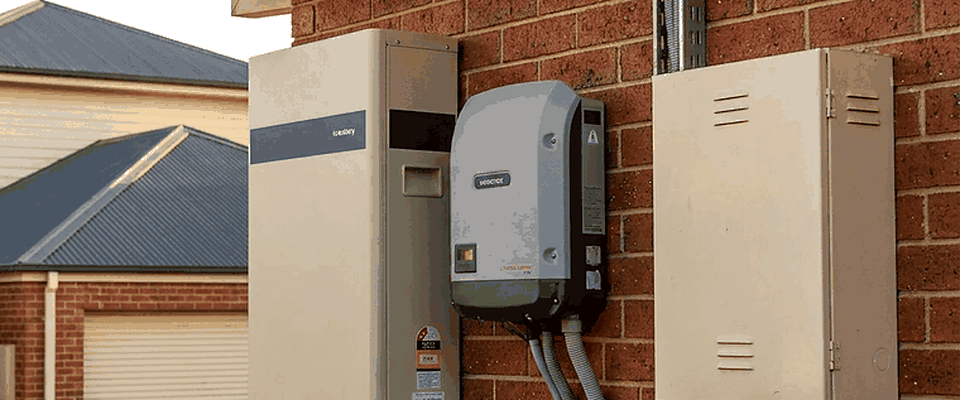 A home battery and its inverter mounted on an outside brick wall