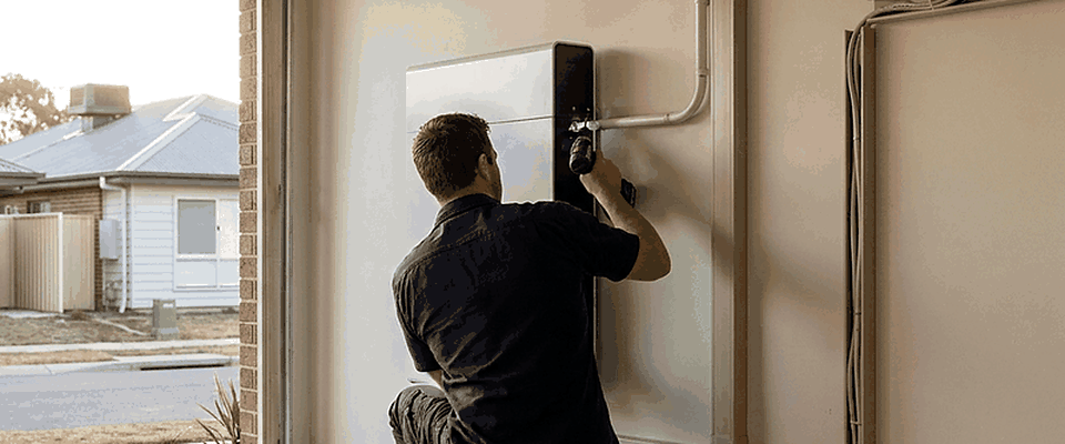 An installer seen from behind fitting a home battery to a garage wall