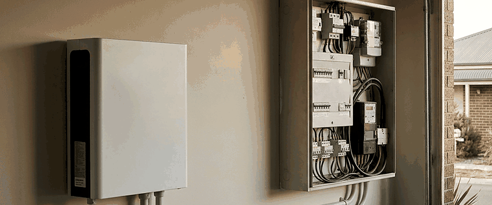 A wall-mounted home battery installed beside the switchboard in a garage