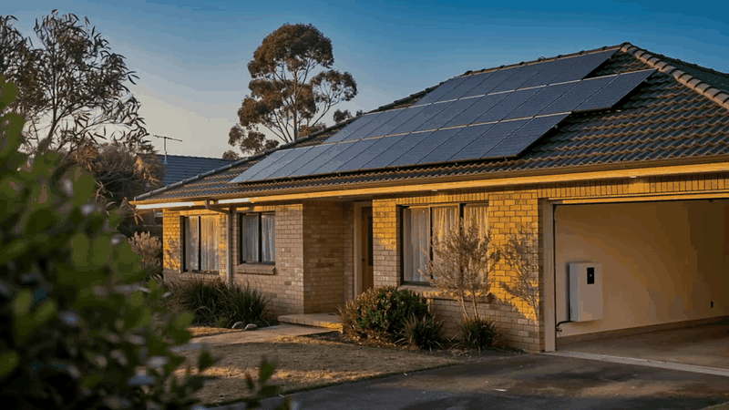 A brick Australian home with rooftop solar at dusk and a wall battery in the open garage